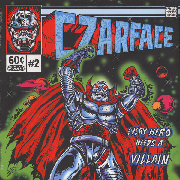 Album cover art for Czarface featuring a cartoonish character with a red cape and a mask resembling a skull, with the text 'EVERY HERO NEEDS A VILLAIN'.
