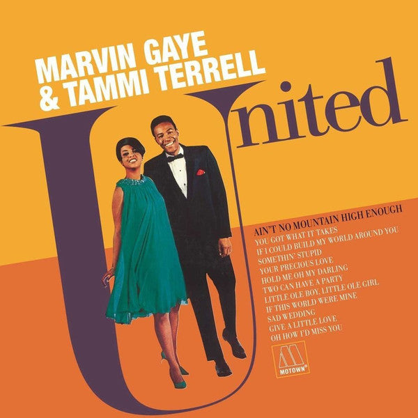 Album cover of Marvin Gaye & Tammi Terrell United LP featuring a photograph of the artists. The background is orange and yellow with the album title 'United' prominently displayed.