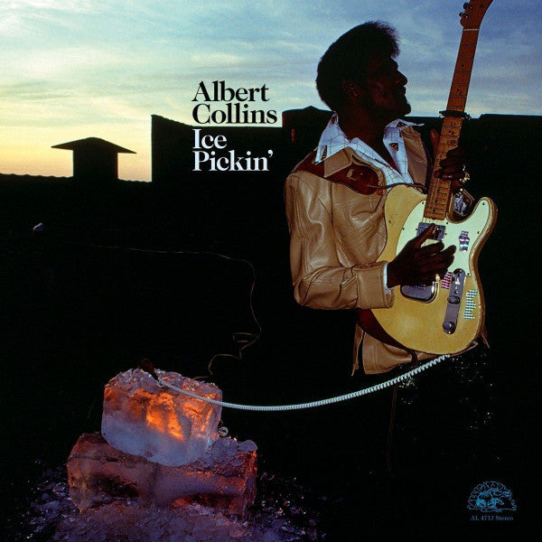 Album cover of Albert Collins - Ice Pickin' featuring Albert Collins with a guitar in front of a backdrop of a setting sun and ice blocks.