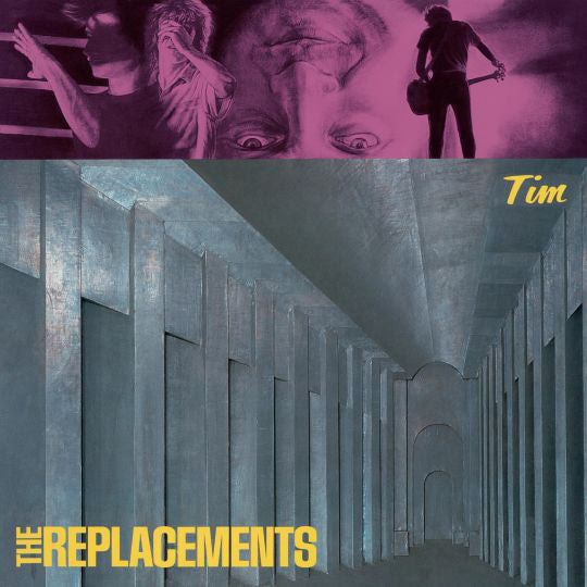 Album cover for The Replacements - Tim LP featuring a split image with the band name and a silhouette of a cityscape on one side and a purple filter over a photo of a person playing a guitar on the other side.