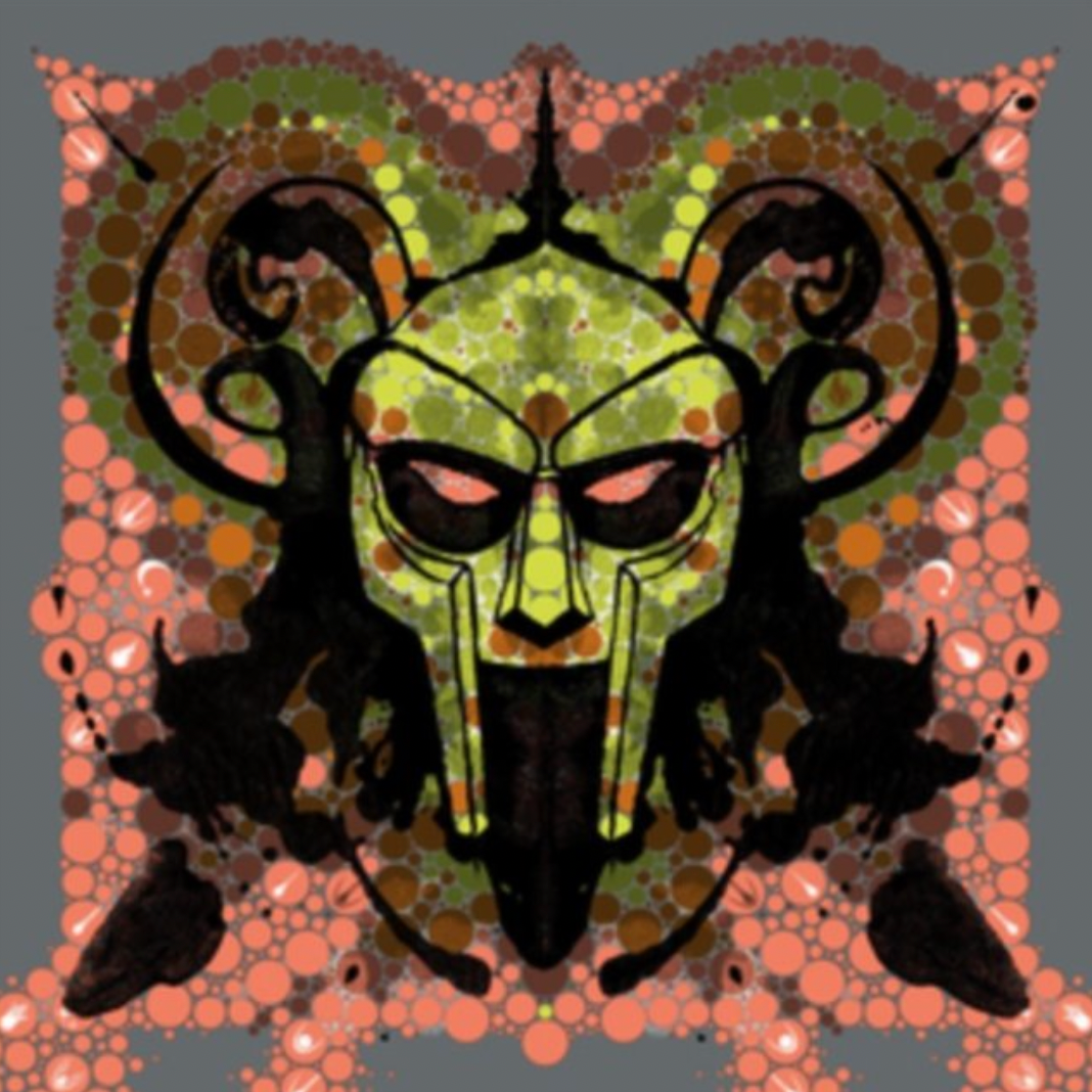 The image features the cover art for the CD titled "Dangerdoom - The Mouse & The Mask." The artwork is strikingly bizarre and visually complex, portraying an abstract, cartoon-like character with a vibrant green mask and black body.