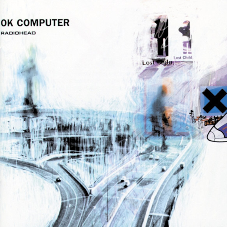 The image displays the album cover for "OK Computer" by Radiohead. The artwork is abstract and features a blurred, almost impressionistic depiction of a cityscape with prominent, bold black lines and a large 'X' in the center, symbolizing perhaps the album's title or a thematic element.