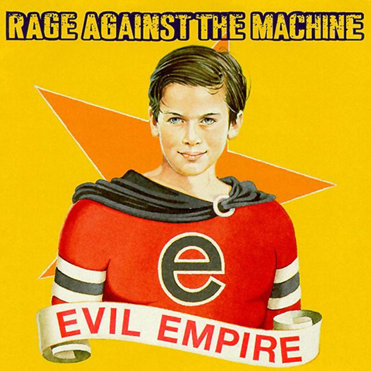 A vinyl record cover featuring a cartoon illustration of a boy with a red and gray shirt, standing in front of a yellow background, with the text 'Rage Against The Machine - Evil Empire' and the album title 'Evil Empire' visible.