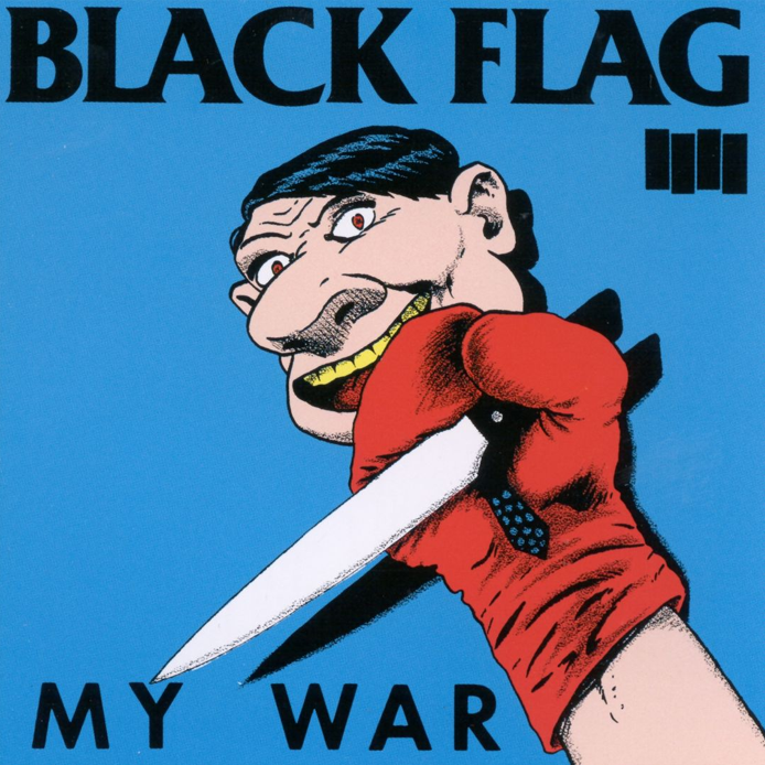 Album cover art for Black Flag's 'My War' featuring a stylized illustration of a character with a knife.