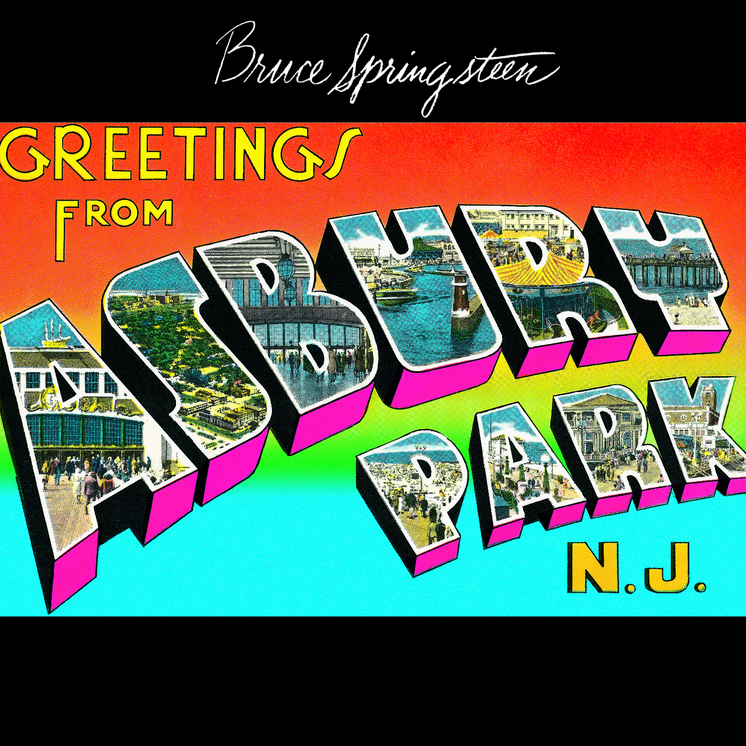 Album cover for Bruce Springsteen's Greetings from Ashbury Park, NJ featuring text and images in a postcard style design.