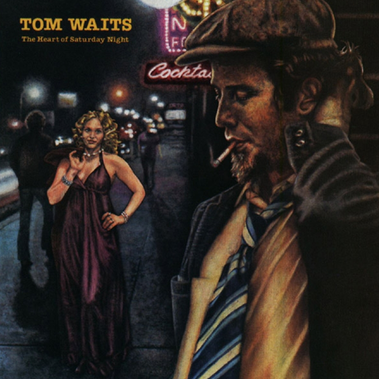 Album cover for Tom Waits - The Heart Of Saturday Night featuring a cartoonish illustration of a man and a woman on a city street at night, with neon signs in the background.