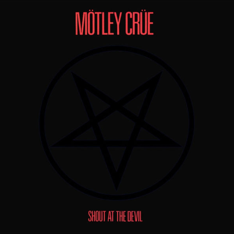 Motley Crue album cover for 'Shout At The Devil' featuring a black pentagram and the band's logo in red text on a black background.
