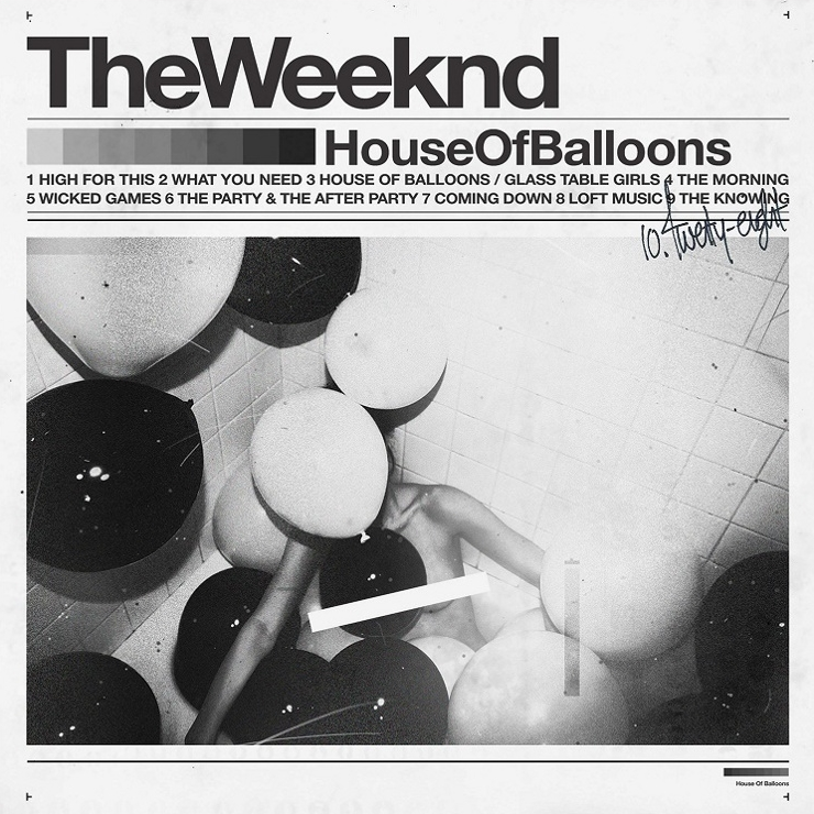 The image shows the album cover of 'The Weeknd - House Of Balloons 2LP'. It features a black and white photograph of The Weeknd sitting at a table with balloons, with a pen and paper.