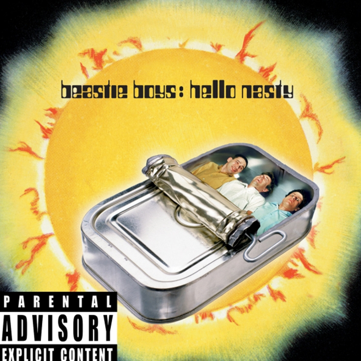Album cover for Beastie Boys - Hello Nasty, featuring an artistic depiction of the band members inside a tin foil tray with a vibrant, sun-like background. The cover has a 'Parental Advisory' label.