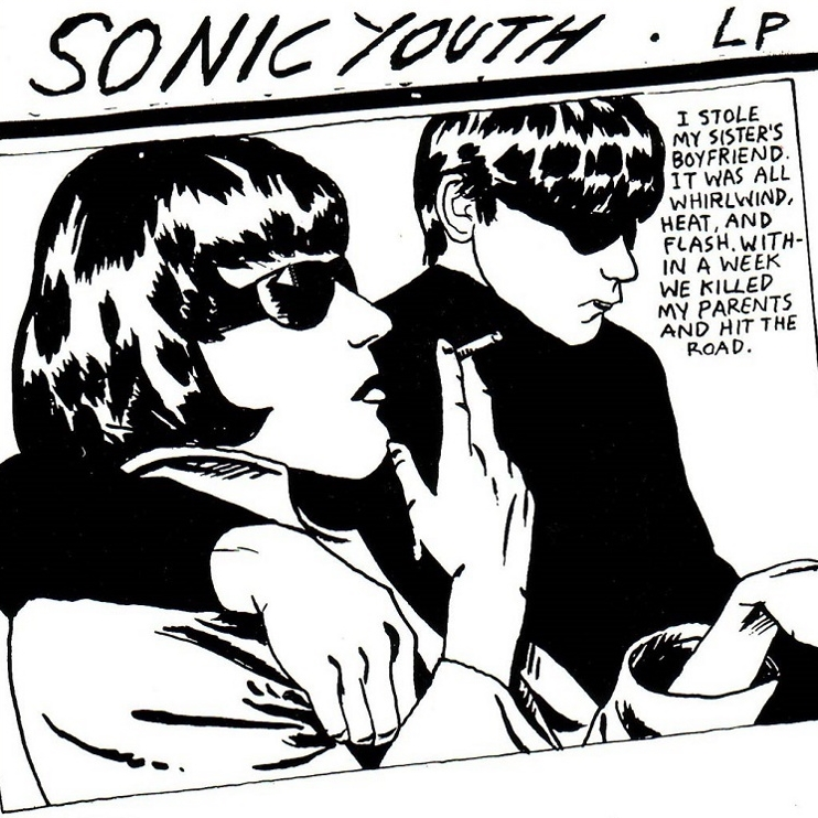 Album cover art for Sonic Youth's Goo LP featuring a black and white illustration of two individuals in a intimate moment.