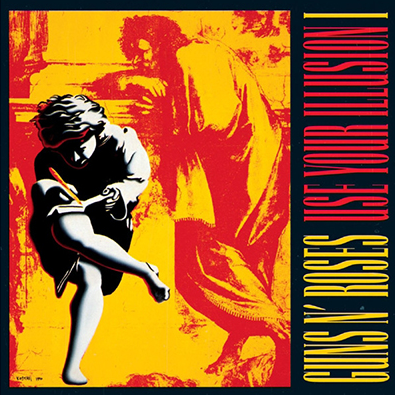 Album cover for Guns N' Roses - Use Your Illusion 1 featuring a stylized illustration with a dominant red and yellow color scheme, characteristic of the rock genre and the band's edgy image.