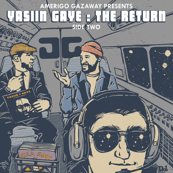 Album cover art for 'Yasiin Gaye: The Return' featuring illustrations of the artists involved in the album, including Mos Def and Marvin Gaye, in a stylized setting with a plane and space elements.