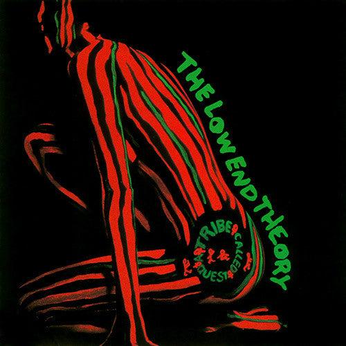A vinyl record album cover featuring a red and green striped design with the text 'THE LOW END THEORY' and the silhouette of a person.