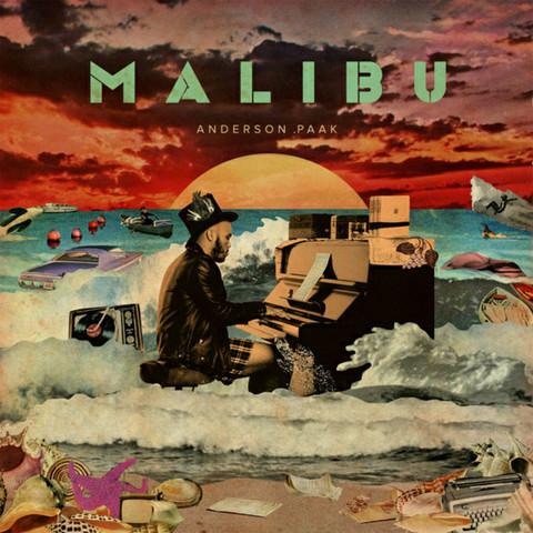 Album cover for Anderson .Paak's Malibu featuring a stylized illustration with the artist, a car, and various other elements arranged in a whimsical composition against a sunset backdrop.