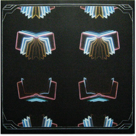 Album cover art for Arcade Fire's Neon Bible featuring a patterned design with neon colors on a black background.