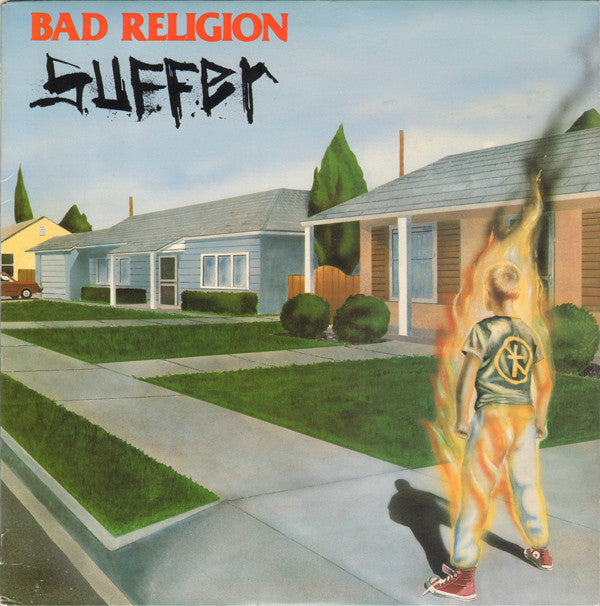 Album cover for Bad Religion's 'Suffer' featuring an illustration of a person on fire falling from a house, with a suburban landscape in the background.