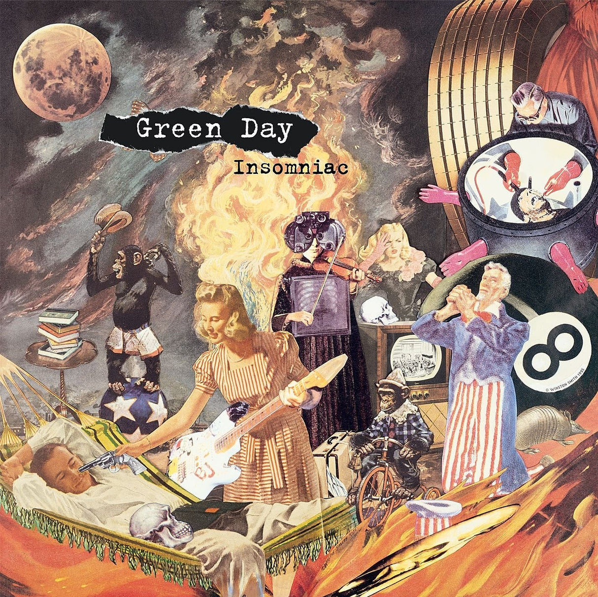 Album cover art for Green Day's Insomniac featuring a collage of various images including band members, everyday objects, and characters in an abstract scene.