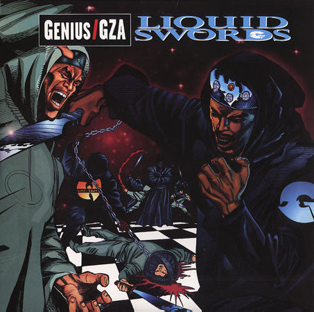 Album cover art for GZA's 'Liquid Swords' featuring illustrated characters in a fight scene with a dark, moody atmosphere.