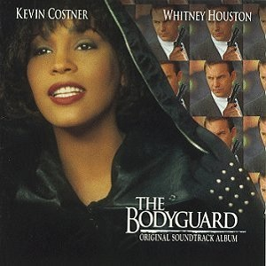 The Bodyguard Original Soundtrack album cover featuring Whitney Houston in a black coat with Kevin Costner's image in the background.