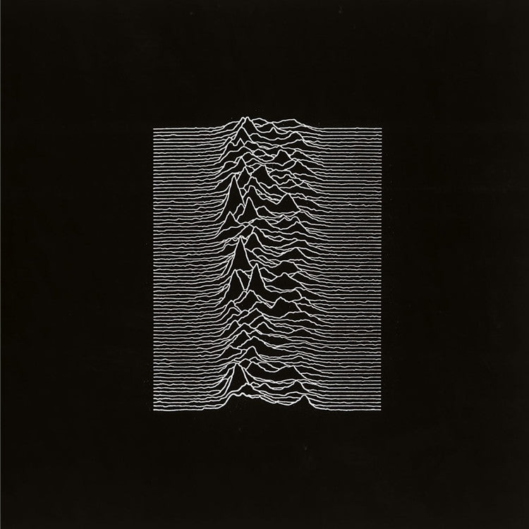 Album cover art for Joy Division's 'Unknown Pleasures' featuring a black background with a white line graphic design.