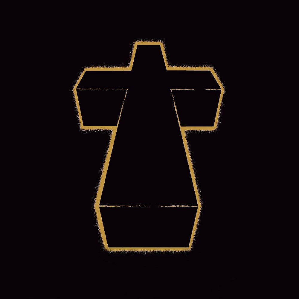 The image features a simple, striking design with a large, bold cross made from a blend of gold and black colors on a dark background. The cross is outlined with a thin, white border that highlights its intricate detailing and the textured center that adds depth to the design.