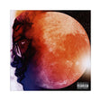 The image features the cover art for Kid Cudi's album "Man On The Moon: The End Of Day." The artwork displays a stylized, abstract representation of a human face with vibrant red and blue hues, set against a stark, black background.