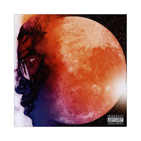 The image features the cover art for Kid Cudi's album "Man On The Moon: The End Of Day." The artwork displays a stylized, abstract representation of a human face with vibrant red and blue hues, set against a stark, black background.