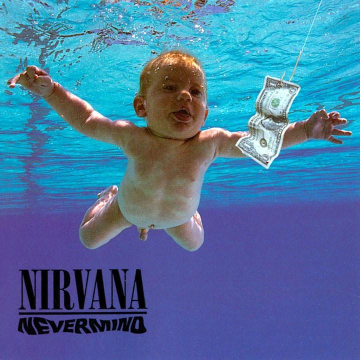 The album cover of Nirvana's 'Nevermind' featuring a baby underwater with a $100 bill in its mouth, against a blue background.