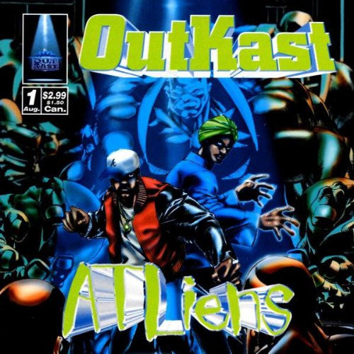 Album cover for OutKast's ATLIENS featuring an illustration of the artists in a science fiction setting.