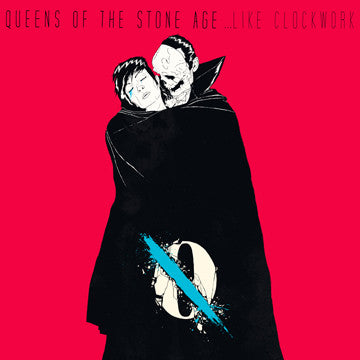Album cover art for Queens of the Stone Age's 'Like Clockwork' featuring an illustration of two individuals in a embrace, with a red background and a stylized number '8'.