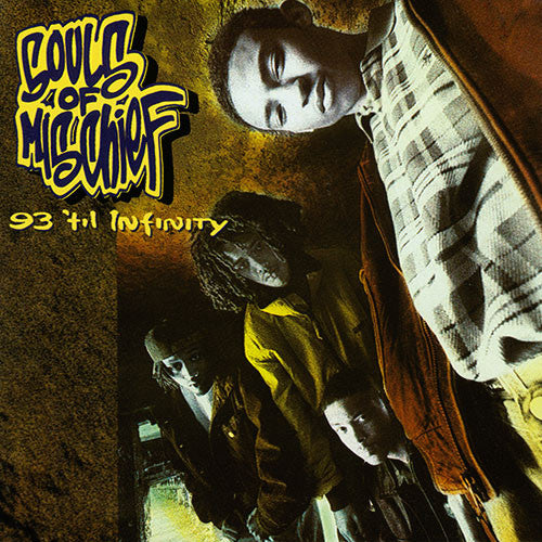 Album cover for Souls Of Mischief - 93 Til Infinity featuring a stylized image with the band and their names in yellow text against a dark background.