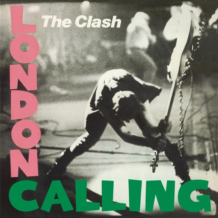 The album cover of 'London Calling' by The Clash featuring a black and white photograph of a person on a skateboard with the title text in red and green.
