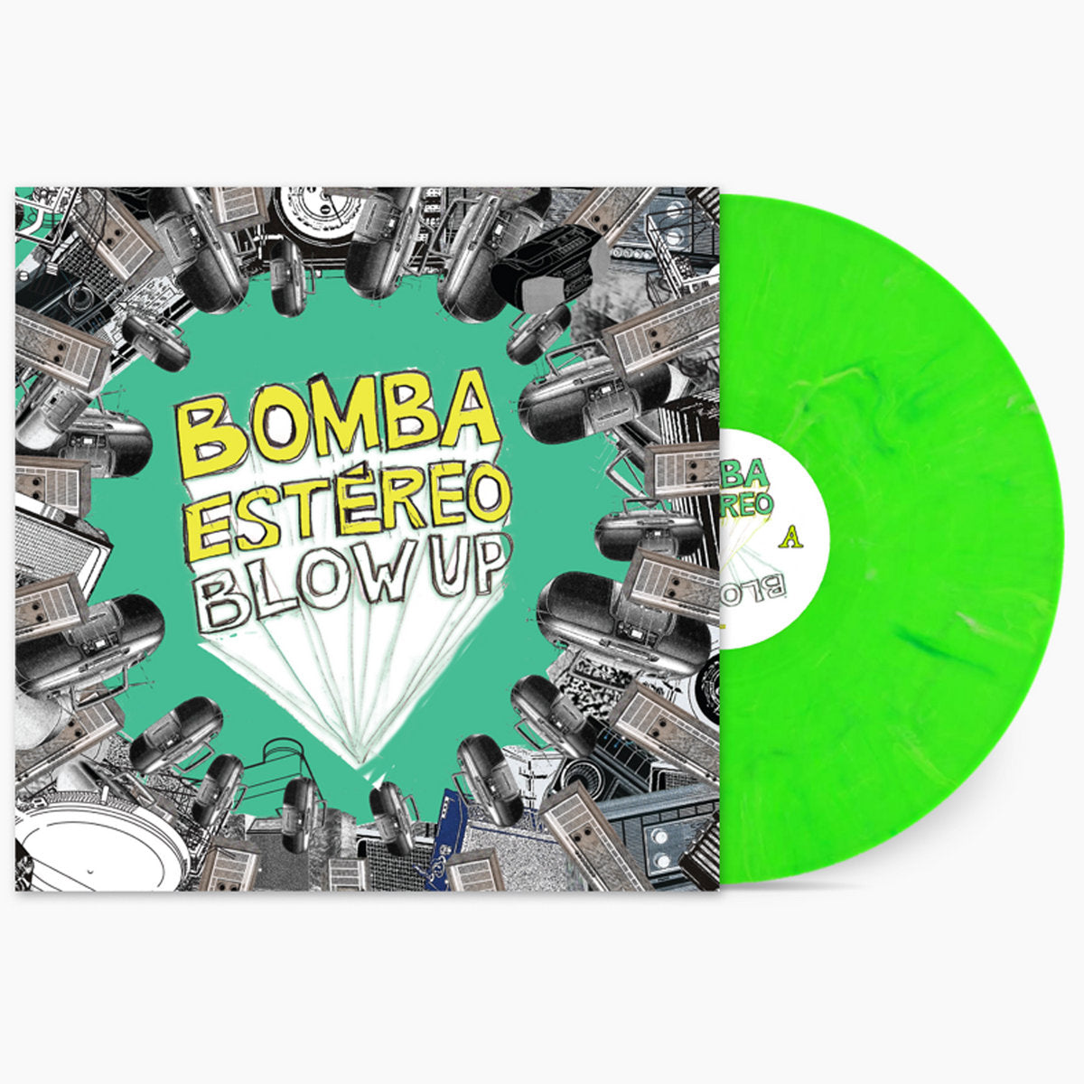 Vinyl record with 'Bomba Estéreo Blow Up' design on a green background