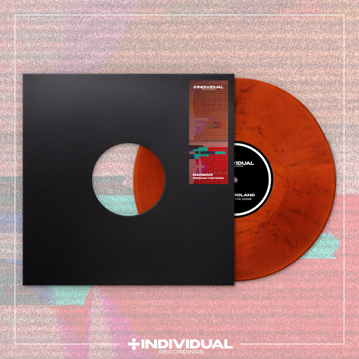 Vinyl record with orange disc and black cover on a colorful background