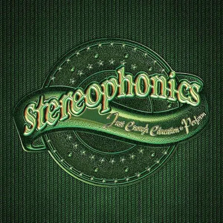 A green metallic pinback badge featuring the word 'stereophonics' in stylized lettering on a ribbon, with 'Just Enough Education - Person' written below, set against a dark green textured background.