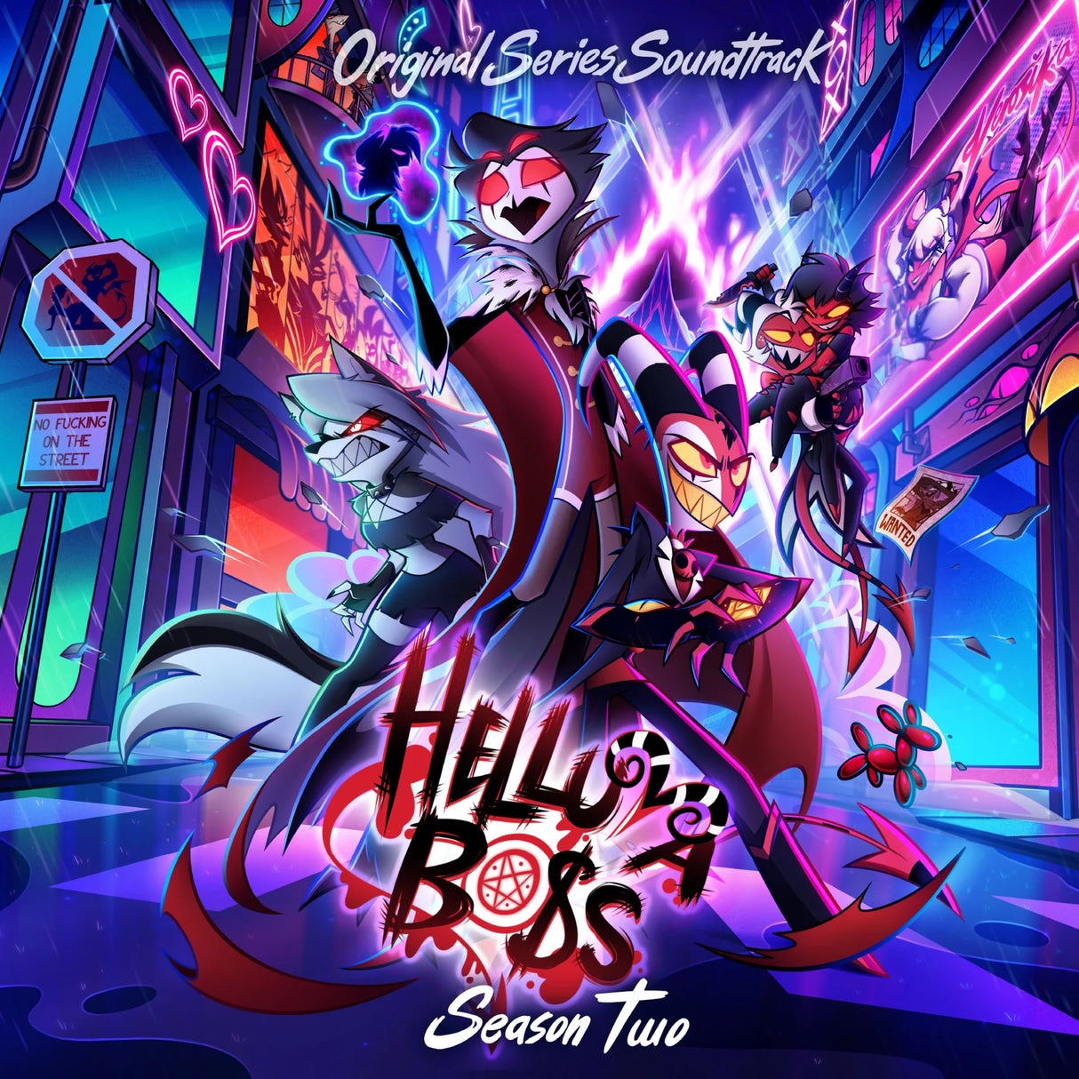 Album cover for 'Hello Boss Season Two' with animated characters in a neon-lit cityscape.