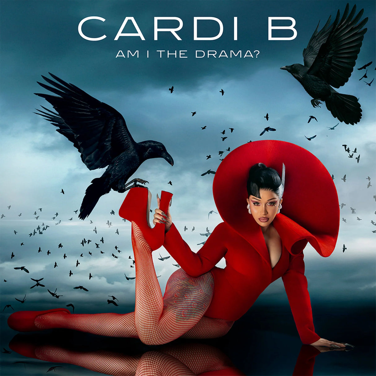 Album cover featuring a person in a red outfit with crows against a stormy sky, featuring the text 'CARDI B AM I THE DRAMA?'.