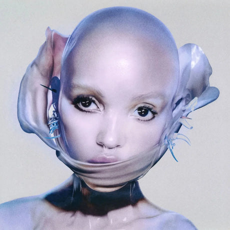 Person with futuristic headpiece on a plain background