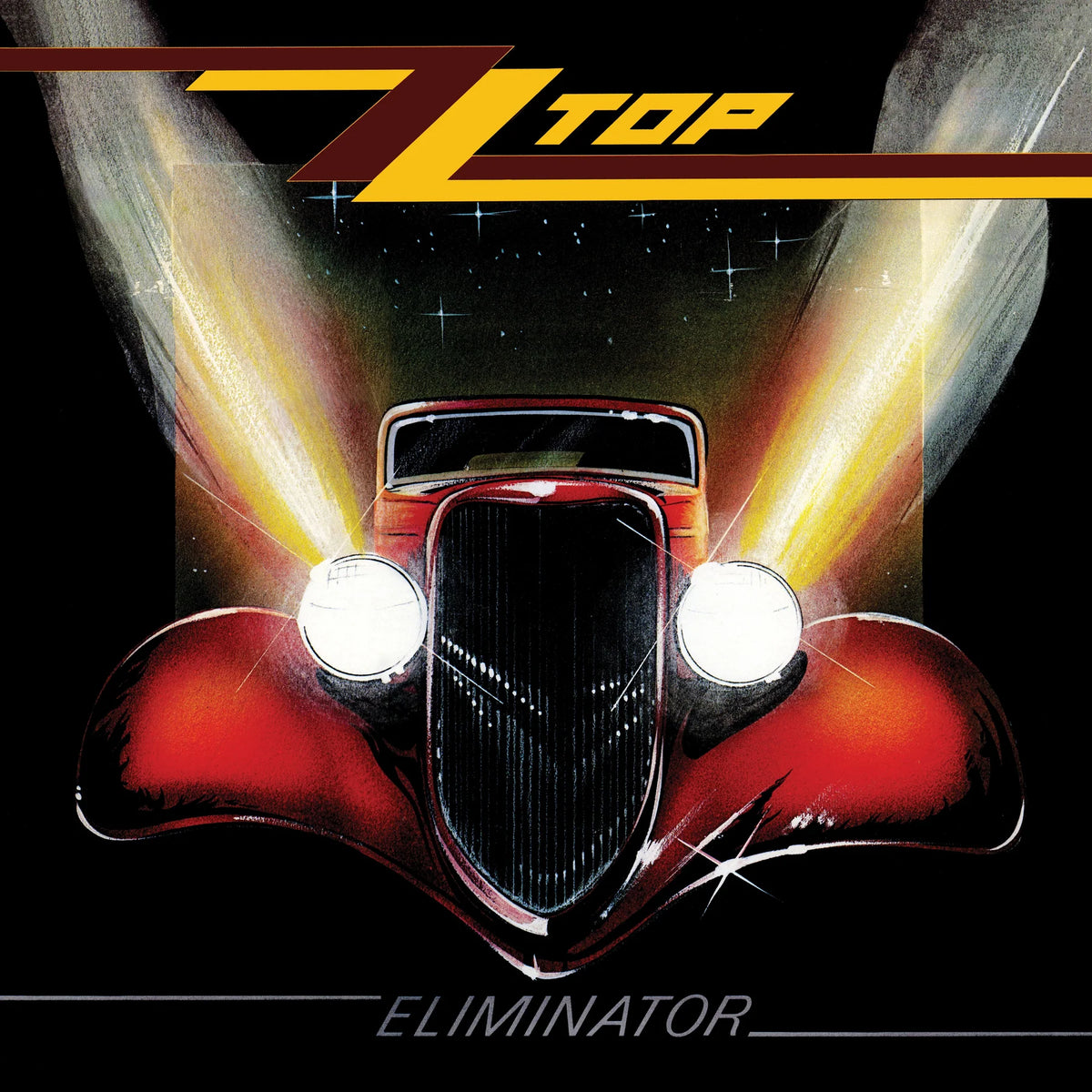 Album cover for ZZ Top's 'Eliminator' with a red car and ZZ Top logo.