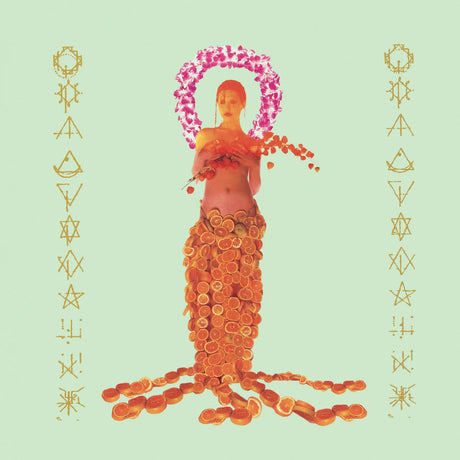 An artistic graphic print featuring a stylized female figure composed of orange slices, with a pink floral halo, set against a pale green background with gold symbols on both sides.