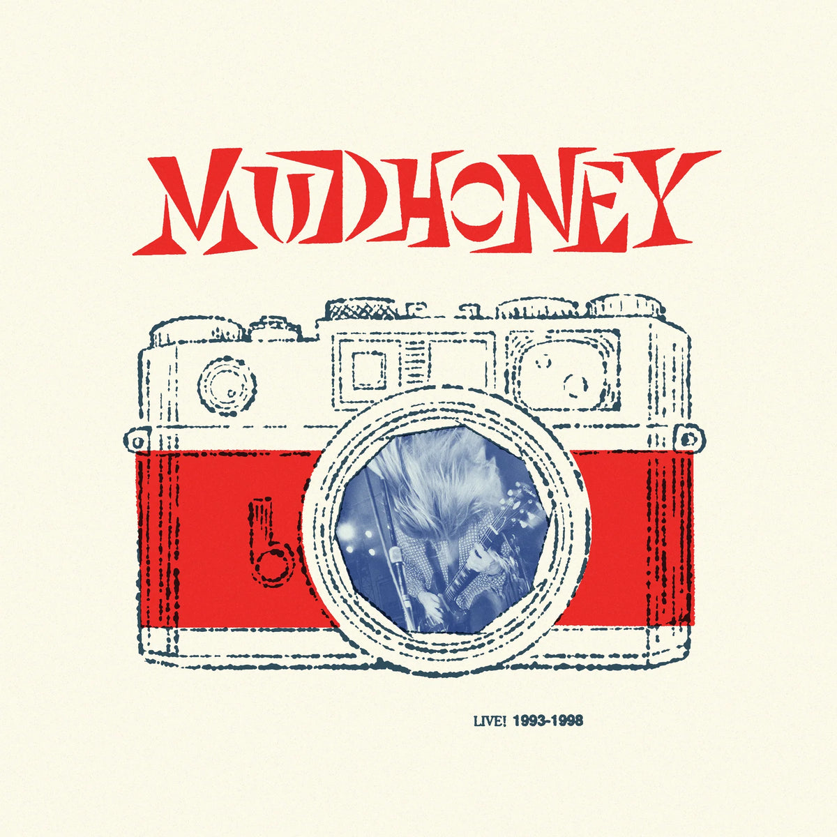 Album cover art for Mud Honey's 'Live! 1993-1998', featuring a stylized red and blue camera illustration on a cream background with the band name in red at the top.