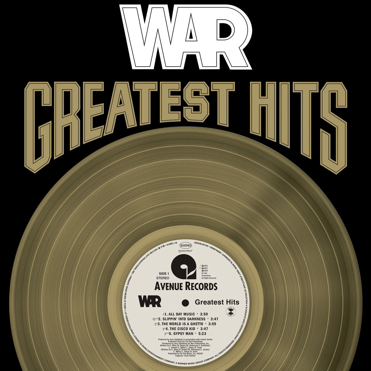 Vinyl record with 'WAR Greatest Hits' text on a black background
