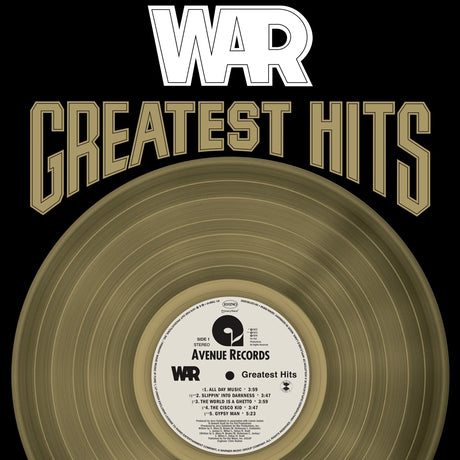 Vinyl record with 'WAR Greatest Hits' text on a black background