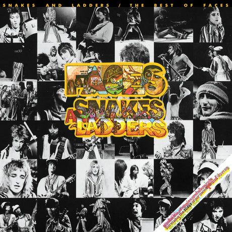 Album cover for 'Snakes and Ladders' by Faces featuring a collage of black and white photos and colorful text.