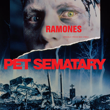 Album cover for 'Pet Sematary' featuring a ghostly face and graveyard scene, with 'Ramones' branding.
