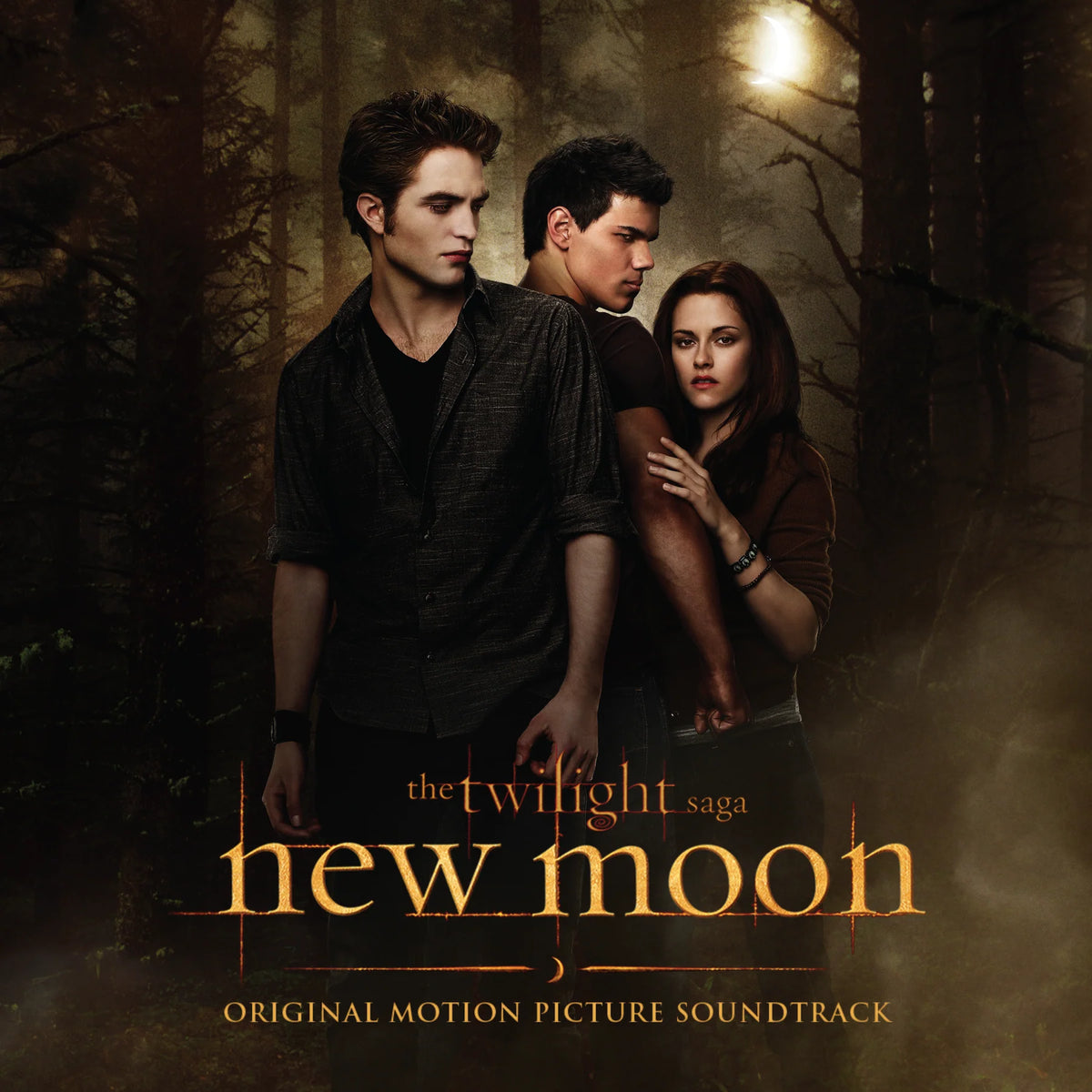 Promotional poster for 'The Twilight Saga: New Moon' with three characters in a forest setting.
