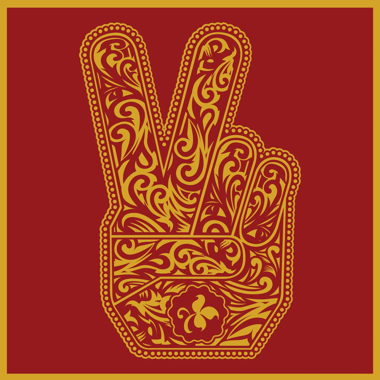 Decorative peace sign with intricate patterns on a red background
