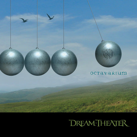 Album cover with metallic spheres and 'Dream Theater' branding against a scenic background