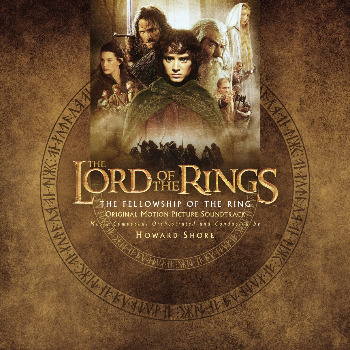 Album cover for 'The Lord of the Rings: The Fellowship of the Ring' soundtrack with character images and text.