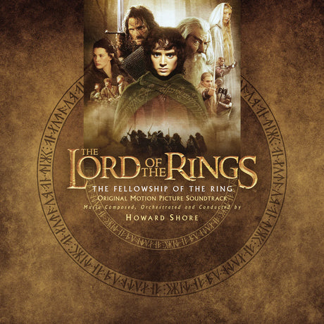 Album cover for 'The Lord of the Rings: The Fellowship of the Ring' soundtrack with character images and text.